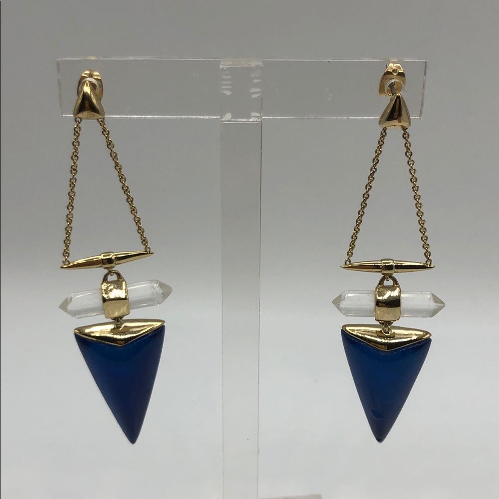 100% Authentic Alexis Bittar Blue/Black Lucite, Rock Crystal & Gold Earrings.